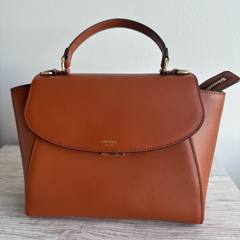 Oroton Cognac Brown Top-Handle Satchel with Gold Hardware